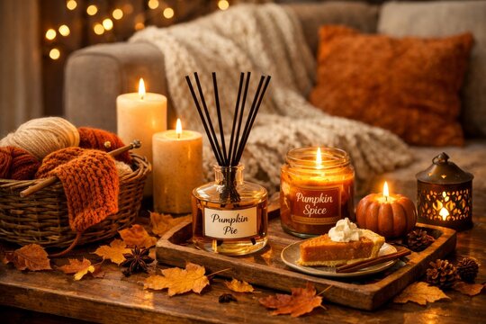 Pumpkin spice reed diffuser candles pumpkin pie slice and autumn decor on wooden tray for cozy fall background