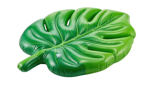 Tropical monstera leaf pool float, green inflatable swimming mattress, summer vacation water toy isolated on white background