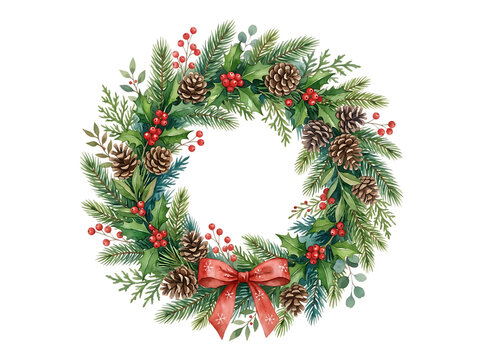 Christmas wreath with pinecones, red berries, and gold bow on transparent background