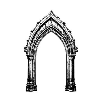 Gothic pointed arch with intricate stone tracery and ornate carved pillars architecture engraving medieval historic ornament illustration structure building cathedral heritage monochrome