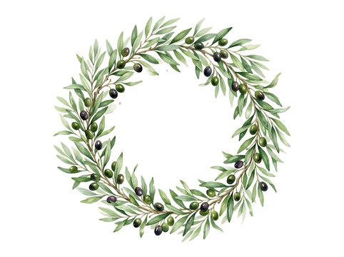 Watercolor olive branch wreath isolated on white background for wedding invitation design.
