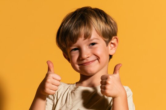 Portrait of a cheerful young boy giving thumbs up in front of a bright yellow background