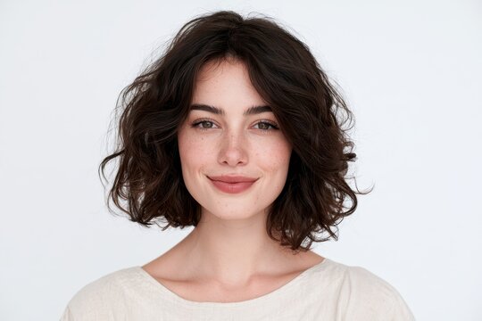 Portrait of a cheerful young woman looking directly at the camera in a clean studio setting