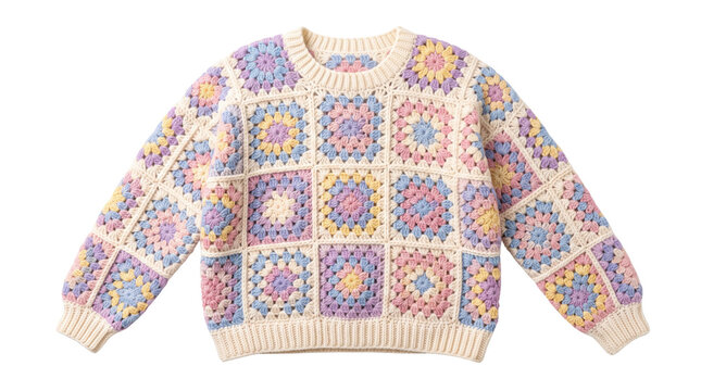 Boho crochet granny square sweater, pastel knit jumper with colorful patchwork design, vintage style handmade wool pullover for kids