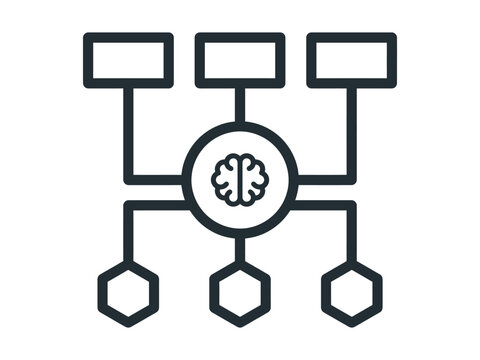 Artificial intelligence flowchart icon, neural network brain symbol, machine learning data structure vector illustration