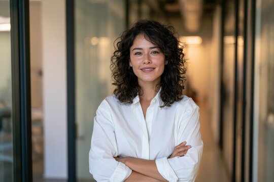 Portrait of a smiling Hispanic businesswoman in a modern office corridor, confident and professional