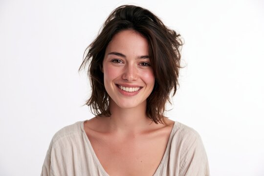 Portrait of a smiling young woman against a pure white background