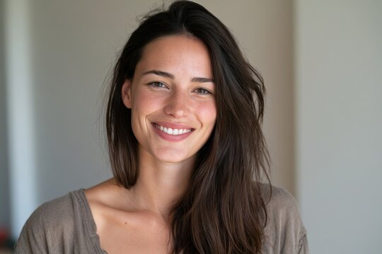 Portrait of a smiling young woman looking directly at the camera in soft lighting