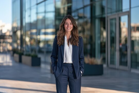 Portrait of a successful woman in business attire outside a contemporary office lobby