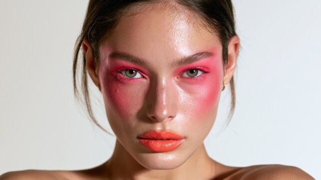 Portrait of a stylish brunette with pink makeup and orange lipstick, warm lighting, head-and-shoulders composition