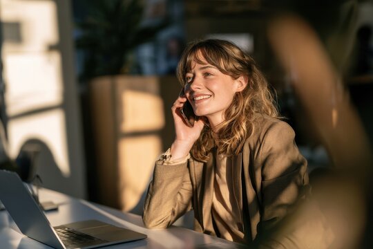 Portrait of a young cheerful entrepreneur in a casual office making a phone call beside a laptop