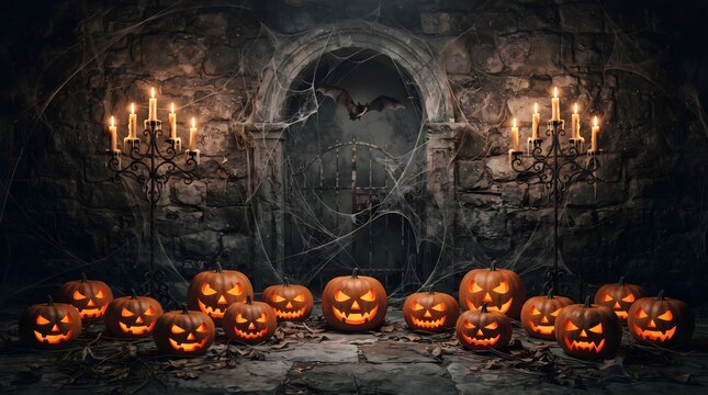 A spooky halloween scene featuring jack o' lanterns a stone archway and eerie candlelight illuminating a dark corridor