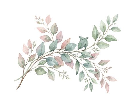 Watercolor botanical branch with soft green and pink leaves isolated on white background