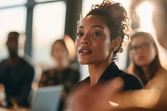 Professional portrait of a diverse team listening as a female leader speaks in a sleek boardroom