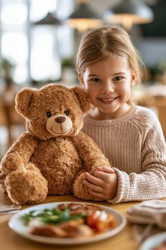 Teddy bear sits beside a cheerful child and a plate of food at the dining table. Comfort object helps make an everyday family meal feel safe and playful.