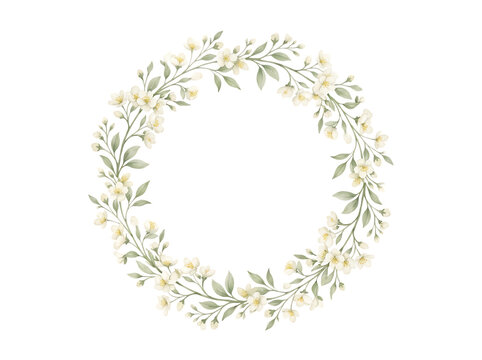 Watercolor floral wreath with delicate white flowers and green leaves isolated on white