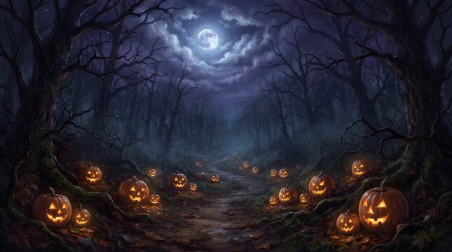 A spooky halloween night scene featuring jack o' lanterns lit by a full moon's eerie glow