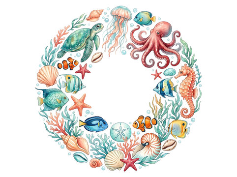 Watercolor marine life wreath with sea animals and tropical fish on white background
