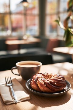 Cinnamon bun and coffee are served beside a cafe window in Sweden. Scandinavian fika tradition turns a sweet break into daily comfort and social connection.