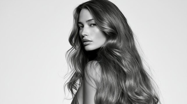 Profile portrait of a woman with long glossy wavy hair and polished makeup