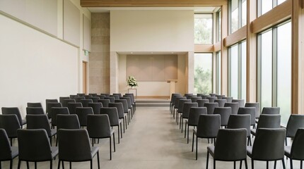 Fototapeta premium Empty funeral chapel interior for a memorial or cremation service. Rows of grey chairs, podium, and floral arrangement in a modern hall