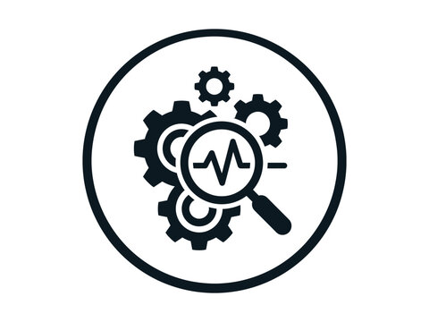 Industrial data analysis icon, mechanical gears with magnifying glass vector, technical process monitoring symbol