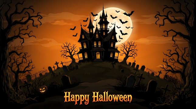 A spooky and magical halloween night scene featuring a dark castle under a full moon