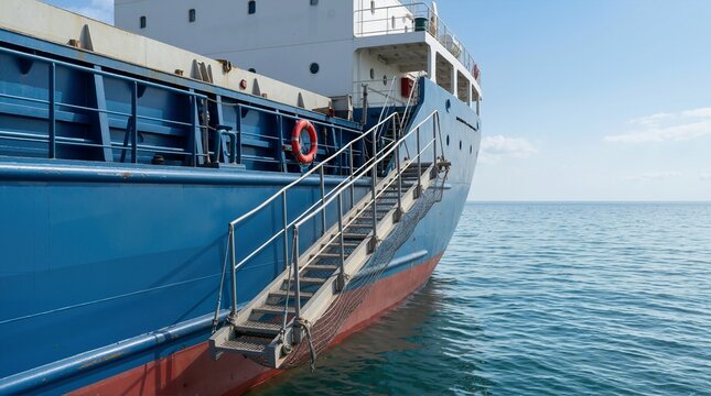 Boarding ladder on the side of a blue vessel. Accommodation gangway stairs lowered over sea water on a cargo ship