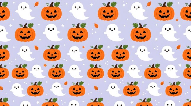 A delightful and spooky halloween pattern featuring charming ghosts and smiling jack o' lanterns