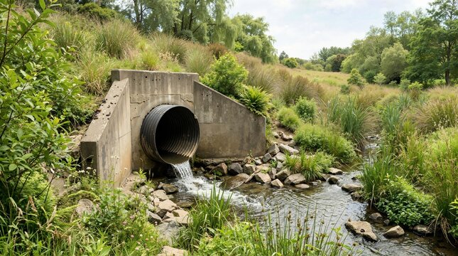 Concrete headwall and stormwater pipe discharging water into stream. Culvert outlet in natural drainage channel. Infrastructure and environmental management concept
