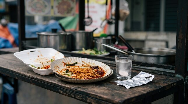 Leftover street food with dissolving antacid tablet and pill blister pack. Unhealthy meal and stomach indigestion concept. Food poisoning or heartburn remedy