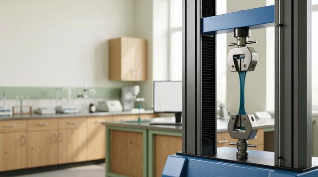 Tensile testing machine stretching a material sample in a laboratory. Universal testing machine performing mechanical tension test. Material science research concept