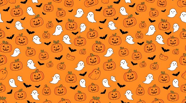 A vibrant halloween pattern featuring ghosts bats and pumpkins for spooky season celebrations