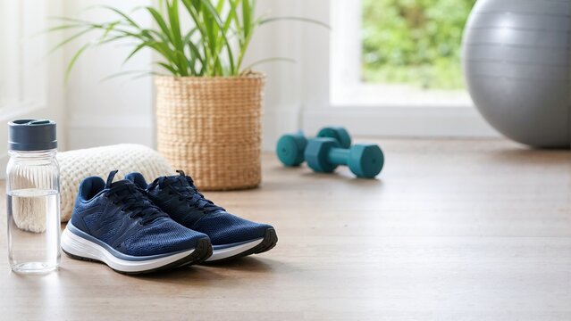 Blue running shoes and water bottle on a wooden floor near dumbbells and a fitness ball. Home exercise equipment and healthy lifestyle concept