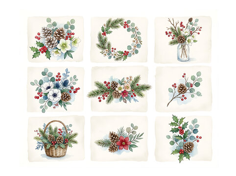 Watercolor Christmas floral elements set with winter greenery and festive holiday berries