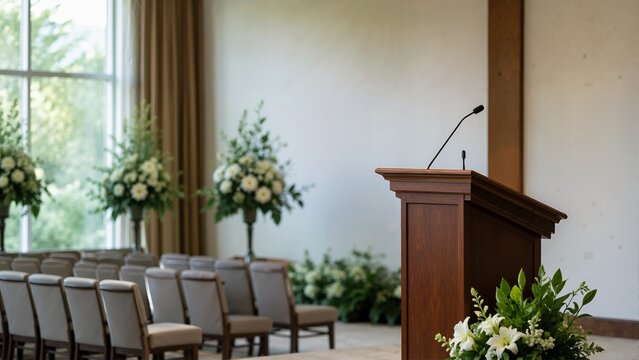Wooden podium with microphone in a chapel arranged with white floral displays. Memorial service, funeral ceremony, and public speaking setting