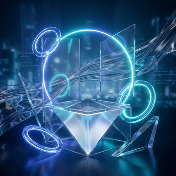 Glowing neon circle framing a glass pyramid podium in a futuristic digital space with pedestal