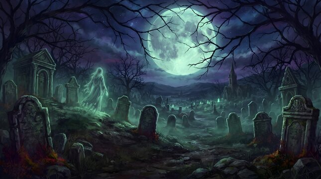 A spooky halloween night scene a dark and mysterious landscape under a glowing full moon