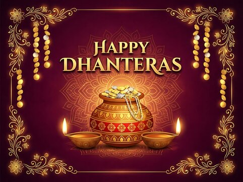 Happy dhanteras greeting card with traditional gold pot and lit oil lamps