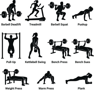 Fitness exercise silhouettes set for gym workout training and bodybuilding routines