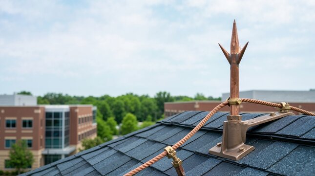 Copper lightning rod spike mounted on roof tiles. Surge protection conductor system on commercial building top