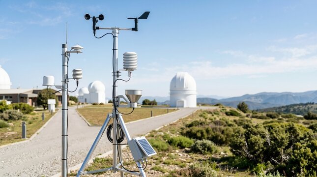 Weather station equipment with anemometer and solar panel at an astronomical observatory. Meteorological sensors on mountain site