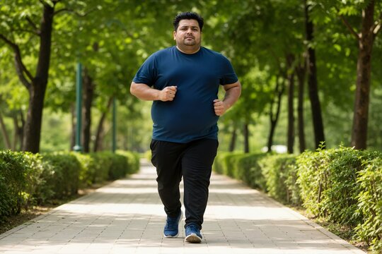 Overweight man jogging in a park path. Male runner exercising outdoors for weight loss and cardiovascular health