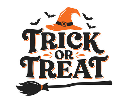 Trick or Treat Text with Witch Hat and Broom Illustration