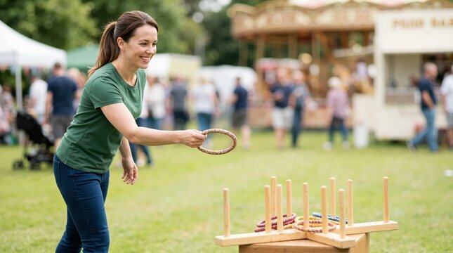 Smiling woman playing ring toss game at outdoor festival. Female throwing woven ring on wooden pegs during summer carnival
