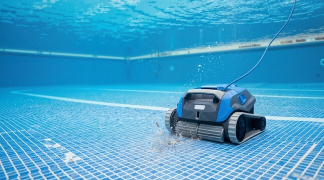 Blue robotic pool cleaner operating underwater in tiled swimming pool. Automatic vacuum cleaning pool floor debris