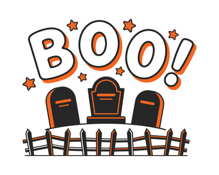 Halloween Graveyard with Gravestones and Boo Text Illustration
