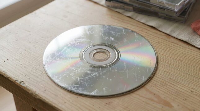 Heavily scratched surface of a compact disc on a wooden table. Damaged optical media storage disc