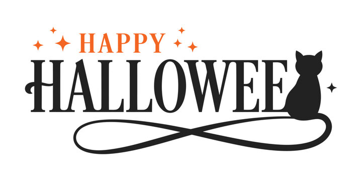 Happy Halloween banner with black cat on white background