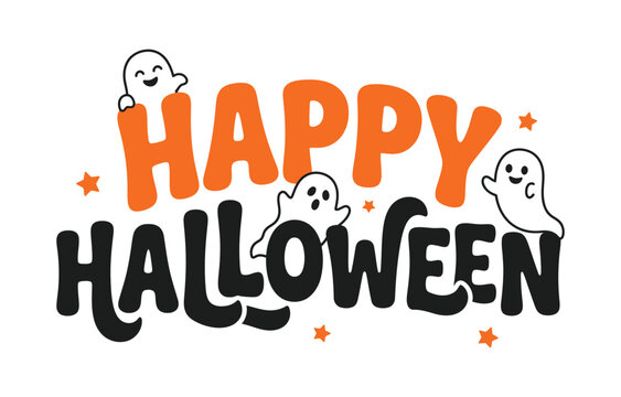 Happy Halloween greeting with smiling cartoon ghosts and festive orange text on white background